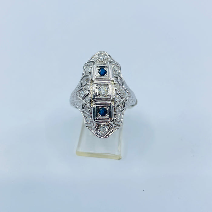18kt White Gold vintage diamond and sapphire ring