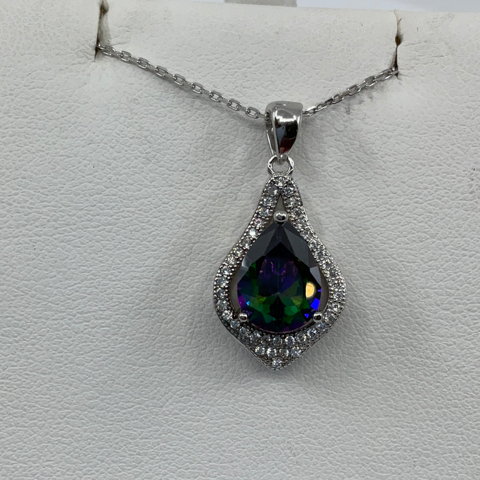 Sterling Silver Large Teardrop Simulated Rainbow with CZ Border Pendant