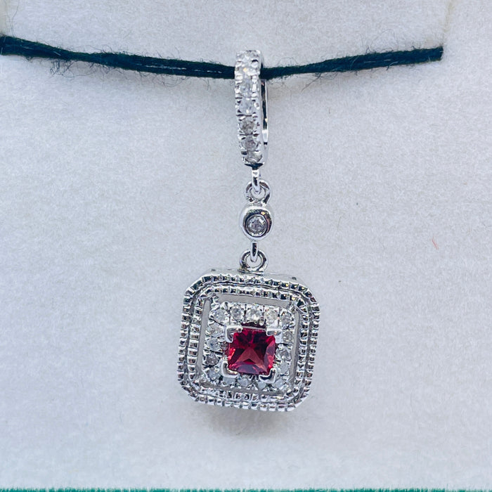 Sterling Silver Princess cut Red-Orange Sapphire pendant with diamonds