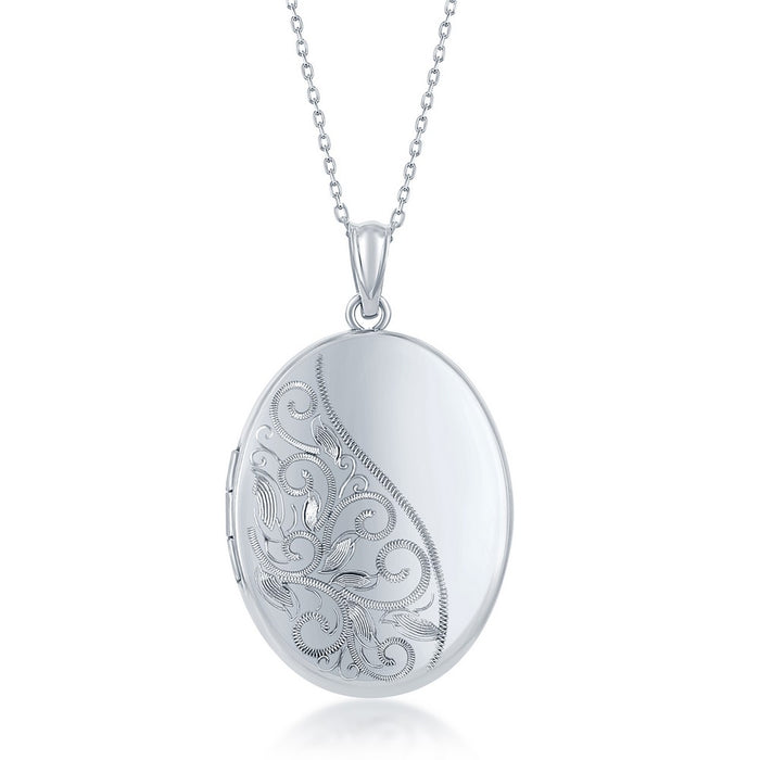 Sterling Silver Oval Half Designed Half Shiny Locket W/chain