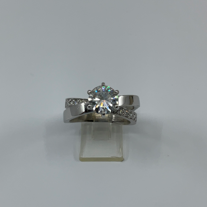 14kt White Gold Ring with 7mm Moissanite center with diamond side stones